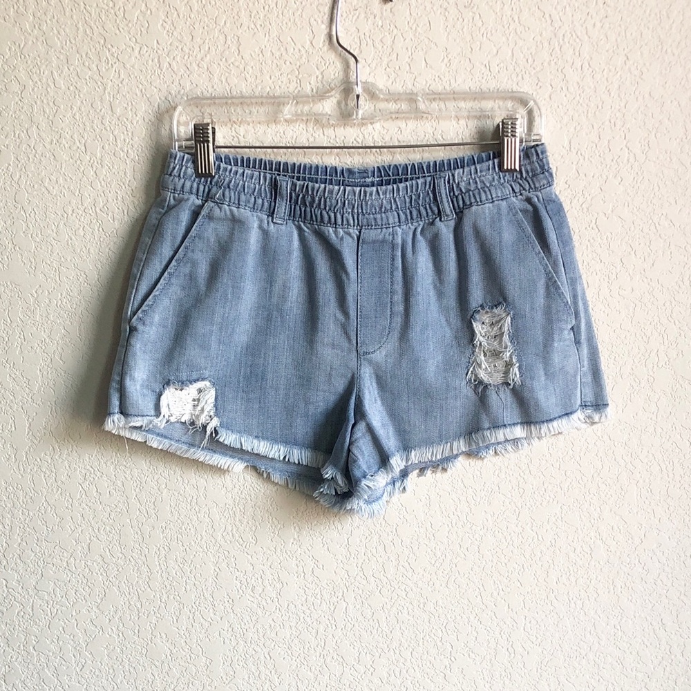 Aerie Chambray Frayed Pull On Shorts Mid Rise Distressed Denim Small